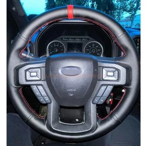 Custom Black PU Leather Steering Wheel Stitch on Cover For Ford F-150 2015-2020 - Foto 1 di 8