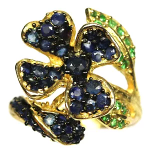 925 Plata de Ley Zafiro Azul & Verde Tsavorite Granate Joyería Anillo Tamaño 8.5 - Imagen 1 de 4