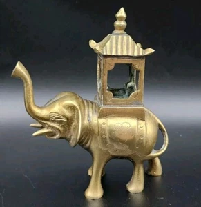 Elephant Figurine With Howda Solid Brass China Vintage Mid-Century Etched 6" - Picture 1 of 15