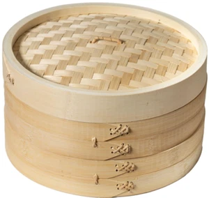 10-Inch 2-Tier Bamboo Steamer Basket for Cooking Dumplings & Veggies - Picture 1 of 8