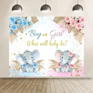 10x8ft Gender Reveal Backdrop Boy or Girl Pink Blue Floral Elephant Baby Show... - Picture 1 of 7