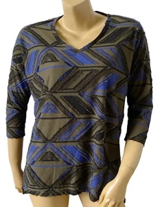 TRIBAL Womens Petite Size PS Fringed 3/4 Sleeve V Neck Tribal Print Shirt Top - Picture 1 of 7