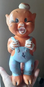 Three Little Pigs blauer Anzug Hut Schweinchen Vintage Gummi Spielzeug Puppe 1960er 1970er Jahre - Bild 1 von 12