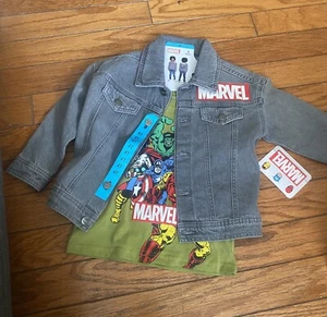 NWT MARVEL Kids denim jacket 4T & T Shirt Hulk Spider Man Iron Man Comic Style - Picture 1 of 6