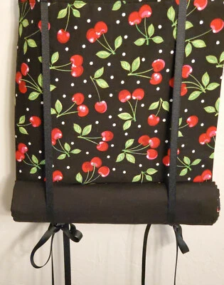 Classroom Door Curtain Cherries on Black Roll Up Tie Up Handmade School Drill - Image 1 of 4