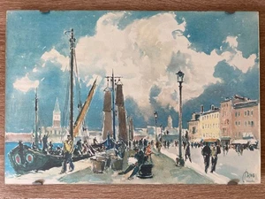 VENECIA Pintura Paisaje Acuarela FIRMA Escena Puerto 1960 Años Marco Vidrio - Imagen 1 de 8