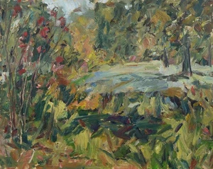 Art Original Oil Painting RM Mortensen "Crepe Myrtles" Flowers Pond Oak Trees - Picture 1 of 1