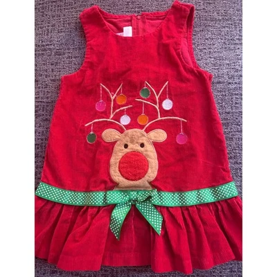 Bonnie Baby Red Corduroy Reindeer Christmas Dress Toddler Girls Size 24M - Image 1 of 4