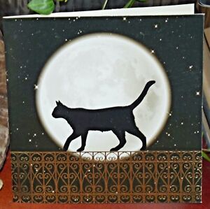 Black Cat Walking on Fence with Full Moon BLANK GREETING CARD & Envelope