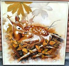 Mid Century Oil Painting Collins Fawn Doe Deer Lying In Foliage 38" x 38" 