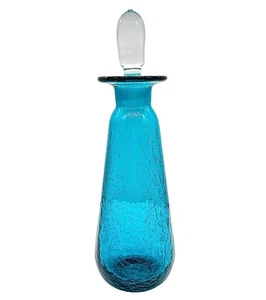 Vintage Rainbow Crackle Glass Decanter Teal Blue 13" - Picture 1 of 21