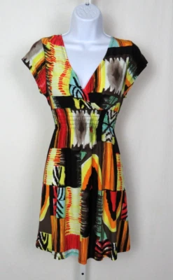 VTG 1990s MOD ABSTRACT COLOR BLOCK STRETCH DRESS OVERLAP BUST 30" to 36" - Image 1 of 4