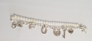 Guess Charm Bracelet White Faux Pearl and Silver Tone Chain Double Strand Cross