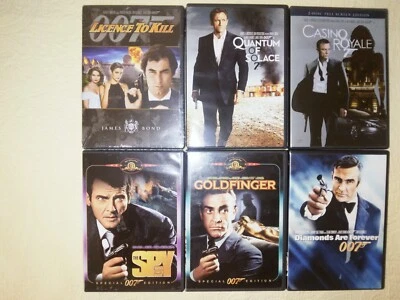 Lot of 6 Dvds JAMES BOND Goldfinger, Diamonds, Spy, License To Kill, Quantum -NM - Image 1 of 4