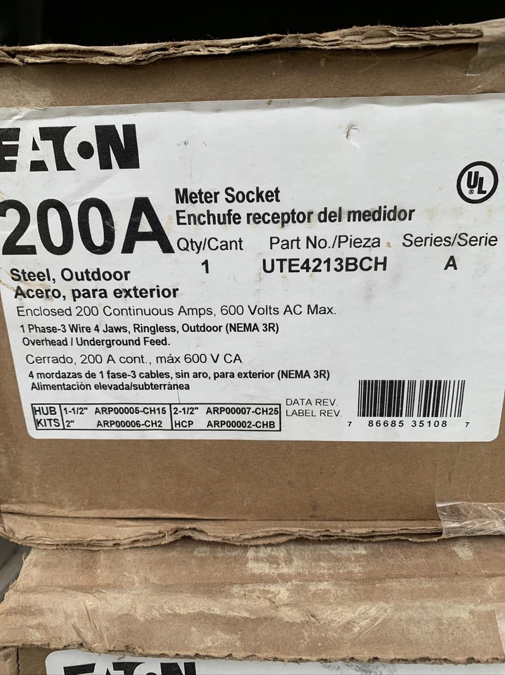Eaton/Cutler-Hammer UTE4213BCH 200A, 600VAC, 1P3W, 4Jaw, Outdoor Meter Socket - Image 1 of 3