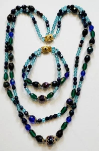 Vintage 2-Strand Crystal Bead Necklace & Bracelet Set Jeweltone Blues, Greens, - Picture 1 of 2