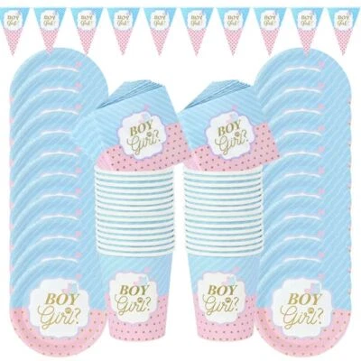 49pcs Boy Or Girl Gender Reveal Disposable Paper Plate / Cup Tableware Set Decor - Image 1 of 4