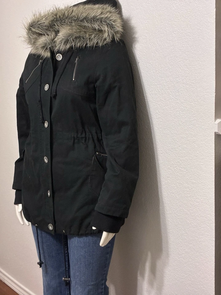 Nueva chaqueta parka forrada a cuadros con capucha de piel sintética negra L de O’Neill para mujer. 100% algodón Foto 1 de 4