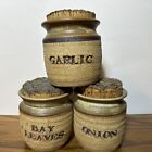 3 Vtg Boho Stoneware Jar W/ Cork Lid Onion Garlic Bay Leaves Pottery Signed