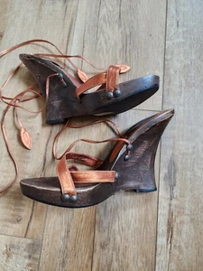 Ports 1961 Orange Leather Lace up Wrap Sandals Wooden Wedges Heels Sz US 7 EU 38 - Picture 1 of 6