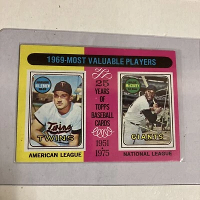 1975 Topps Mini Baseball #207 Killebrew McCovey 1969 MVP's - Image 1 of 4