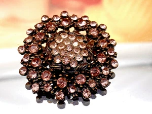 Vintage Black Metal Rhinestones Diamante Pink Brooch Flower Design - Picture 1 of 9