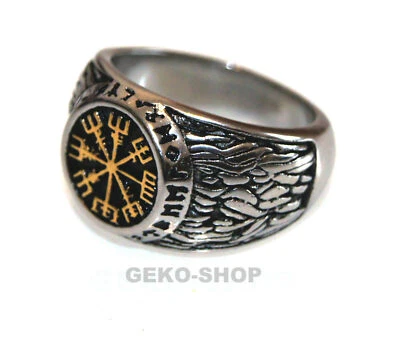 ANELLO UOMO IN ACCIAIO INOX 316L STEMMA AMULETO VIKINGO NERO ORO BIKER ROCK - Immagine 1 di 4