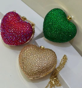 Gold Glitter Heart-Shaped Rhinestone Clutch Purse with Chain – Sparkling Evening - Picture 1 of 30