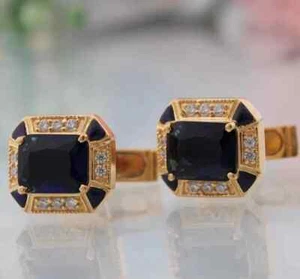 3Ct Emerald Cut Lab Created Sapphire Men's Suit Cufflink 14k Yellow Gold Plated - Picture 1 of 5