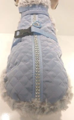 MASI DOGSDESIGN Wintermantel, Hundegeschirr hellblau grau Glitzer Geschirr Plüsch Hunde XS S M