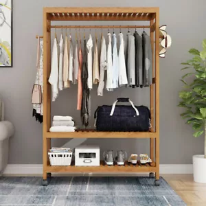 Strong Wood Clothes Rail Scarf Cart Hanging Garment Coat Rack Rolling Stand DIY - Picture 1 of 12