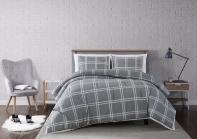 Mini conjunto de edredom queen completo todos os dias verdadeiramente macio cinza branco xadrez 2 fronhas 1 capa - Imagem 1 de 4