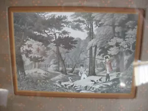 Vintage handgefärbter Radierdruck Jagdszene Hunde Vögel Jäger Wald Landhütte - Bild 1 von 7