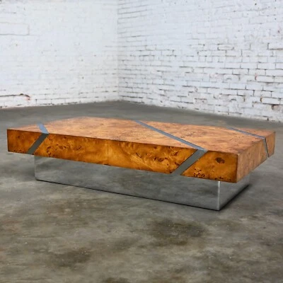 Mesa de centro flotante moderna Burl cromada y acero inoxidable pulido base de zócalo Foto 1 de 4