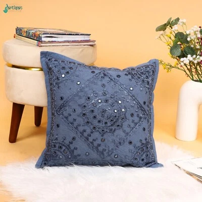 16" Grey Indian Decorative Mirror Work Cushion Cover Handmade Home Decor Pillow - Image 1 of 4