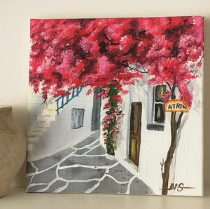 Original Gemälde signiert gerahmt auf Leinwand Landschaft Santorini gerahmt 4x4 - Bild 1 von 4