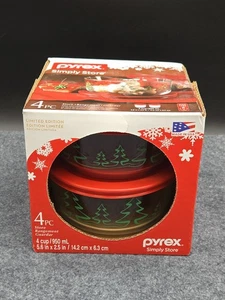 Pyrex Simply Store 4 Piece Glass Christmas Trees Holidays Storage Set Lids NEW - Picture 1 of 6