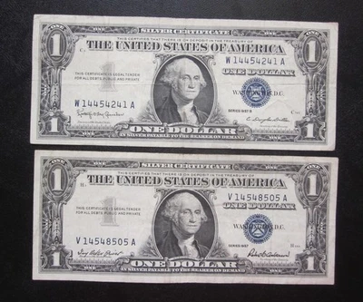 1957 & 1957-B $1 SILVER CERTIFICATES ONE DOLLAR VF BANKNOTES LOT OF 2 NOTES - Image 1 of 2