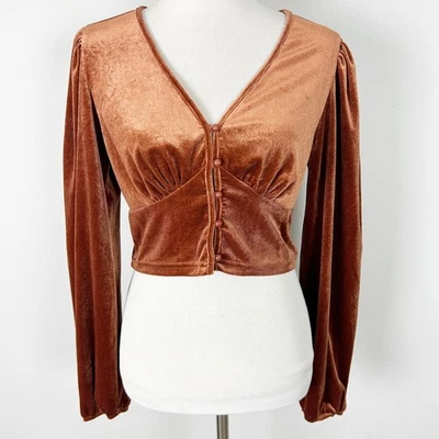 Babydoll recortado de terciopelo naranja óxido para mujer manga larga boho talla grande para mujer Foto 1 de 4