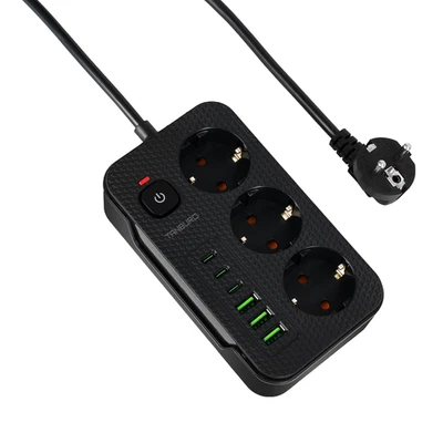 MARKENLOS Steckdosenleiste 3-Fach 6 USB Mehrfachsteckdose mit Flachstecker und Schalter DE