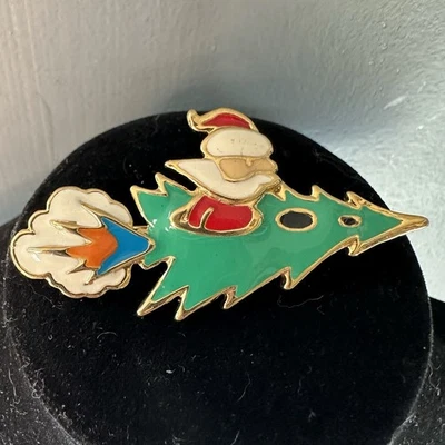 Broche Edgar Berebi Papá Noel Árbol de Navidad Esmalte Cohete Diseñador Firmado Foto 1 de 4