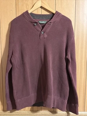 Eddie Bauer Ribbed 1/4 Button Up Knit Sweater Mens XL Henley Dark Maroon Red - Image 1 of 4