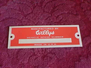 Willys & Overland data plate Acid Etched Aluminum HOT ROD or Purest - Picture 1 of 1