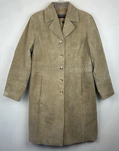 Long Suede Coat Womans L Beige Western Style Leather Duster Tan - Picture 1 of 13