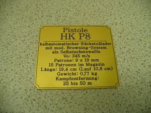Namensschild für Modellständer oder Diorama - Pistole HK P8 - Bild 1 von 4