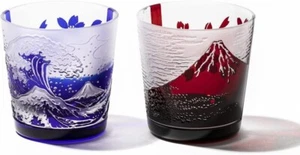 Edo Kiriko red Fuji, cherry blossom on wave Fuji Glass Tumbler with box Japan - Picture 1 of 8