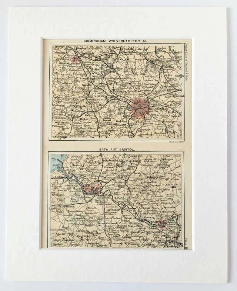 Baño de Birmingham Bristol etc - 1877 Antiguo Pequeño Mapa de Bartolomé - Montado Enmarañado Foto 1 de 1