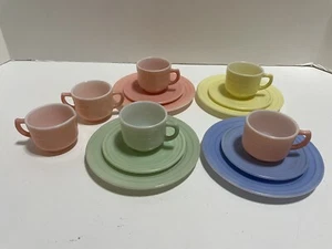 Vintage Hazel Atlas Children's Moderntone Dish Set Milk Glass W/ Color Glaze... - Picture 1 of 9