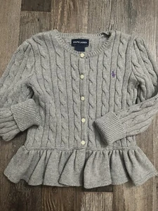 Ralph Lauren Girls' Gray Sz 5 Cable-knit Cardigan Ruffle Hem - Picture 1 of 7