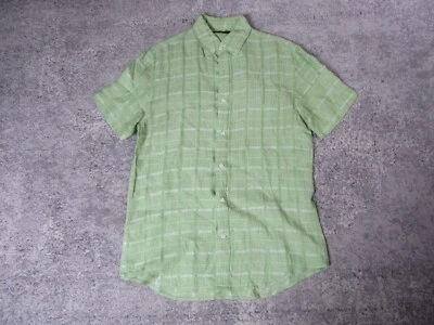 Perry Ellis Dress Shirt Mens Medium Linen Blend Green Plaid Short Sleeve Top - Image 1 of 4